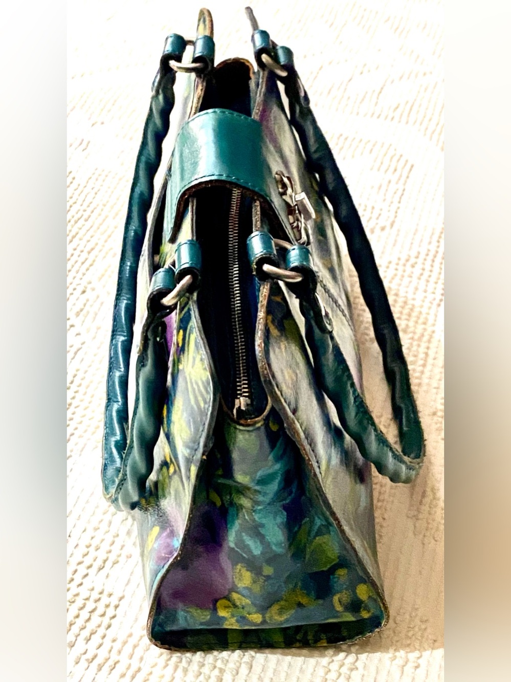 Patricia Nash Leather Satchel Purse Deep Blue Nature Floral Printed Accents - Picture 2 of 16